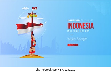 Indonesia independence day with panjat pinang or climbing slippery pole illustration