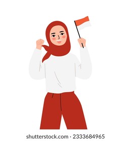 Indonesia independence day, people holding indonesian flag cartoon illustration