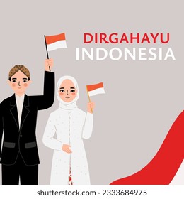 Indonesia independence day, people holding indonesian flag cartoon illustration