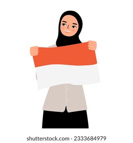 Indonesia independence day, people holding indonesian flag cartoon illustration
