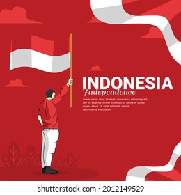 Indonesia independence day poster vector illustration man bring the flag