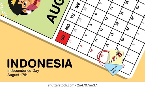 Indonesia Independence Day reminder on August 17th in a wall calendar with illustrative people wearing the nation's traditional attire.
