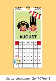 Indonesia Independence Day reminder on August 17th in a wall calendar with illustrative people wearing the nation's traditional attire.
