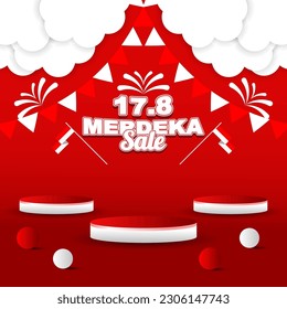indonesia independence day sale banner advertisement and social media post, with 3d empty podium and flag ornament