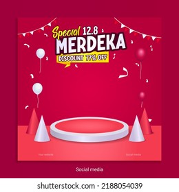 Indonesia independence day sale poster template with podium on red background for social media