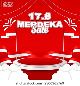 Indonesia independence day sale promo banner social media post, with 3d podium and flag ornament