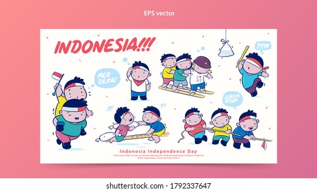 Indonesia Independence Day set vector cartoon illustration, Merdeka means Independent