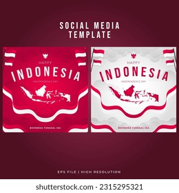 Indonesia Independence Day Social Media Template Poster - Wavy Flag and Indonesian Maps