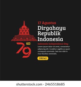 Indonesia Independence Day Social Media Post, Hand-Drawn Borobudur Temple with Trendy Stamp, 17 Agustus Celebration