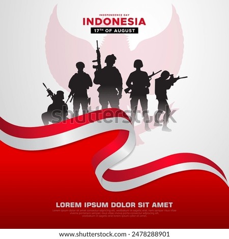 Indonesia Independence day with soldier and wavy flag. 79th Indonesia independence day