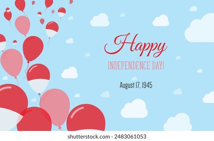 Indonesia Independence Day Sparkling Patriotic Poster. Row of Balloons in Colors of the Indonesian Flag. Greeting Card with National Flags, Blue Skyes and Clouds.