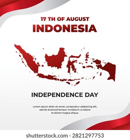 Indonesia Independence Day square banner with red and white wave design, map silhouette and patriotic celebration template for 17 August national event