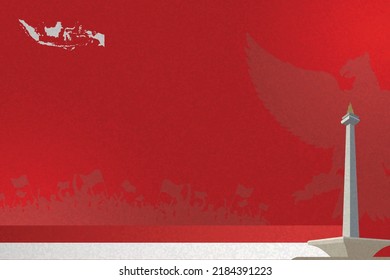 Indonesia Independence Day Template Background simple Paper Effect with Monas Landmark 3d and Indonesia  Country Map. Red Background Template Paper Effect Simple with Garuda and People Euphoria.