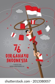 Indonesia independence day with traditional games. 76 tahun dirgahayu indonesia translates to 76 years celebrating Indonesia independence day