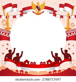 Indonesia Independence Day twibbon frame featuring national flags patriotic emblem and jubilant people silhouettes for celebration Commemorates the nations freedom with festive elements