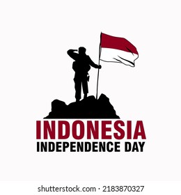 Indonesia Independence Day vector art icon graphics illustration with soldier silhouette holds waving flag isolated on white background