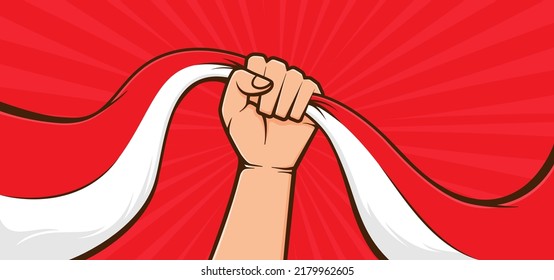 Fondo vectorial del Día de la Independencia de Indonesia. Ilustración de la bandera con la mano en el fondo rojo