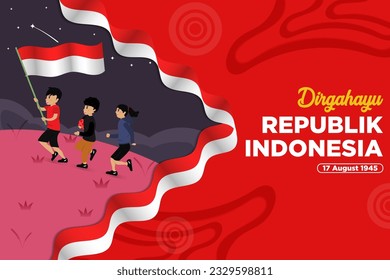 Indonesia Independence Day Vector with Children Running up the hill Carrying the Flag Illustration