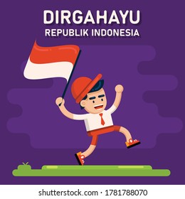 Indonesia Independence Day Vector Illustration, Happy Indonesian Kids Holding up The Flag In Independence Celebration Flat Design, Indonesian Boy