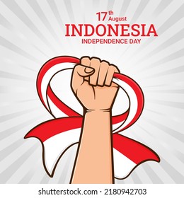 Indonesien Unabhängigkeitstag, Vektorgrafik-Hintergrund. Illustration von Hand, die eine Flagge auf weißem Hintergrund hält. vektoreditierbar