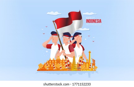 Indonesia independence day with youth enthusiasm concept, spirit of togetherness illustration