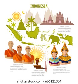 Indonesia infographics. sights, culture, traditions, map, people. Indonesian template elements 