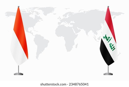 Indonesia and Iraq flags for official meeting against background of world map.