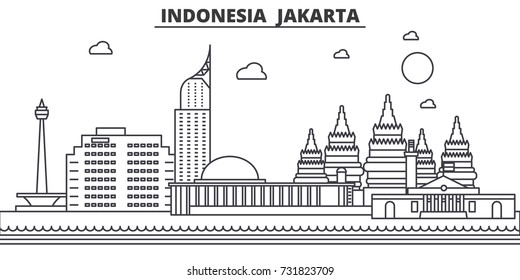 Indonesia, Jakarta Architecture Line Skyline Illustration. Linear Vector Cityscape With Famous Landmarks, City Sights, Design Icons. Landscape Wtih Editable Strokes