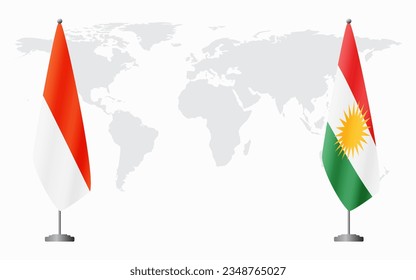 Indonesia and Kurdistan flags for official meeting against background of world map.