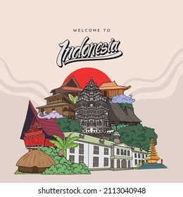 Indonesia Landmark. Hand drawn Indonesian cultures background svg