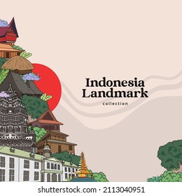 Indonesia Landmark. Hand Drawn Indonesian Cultures Background