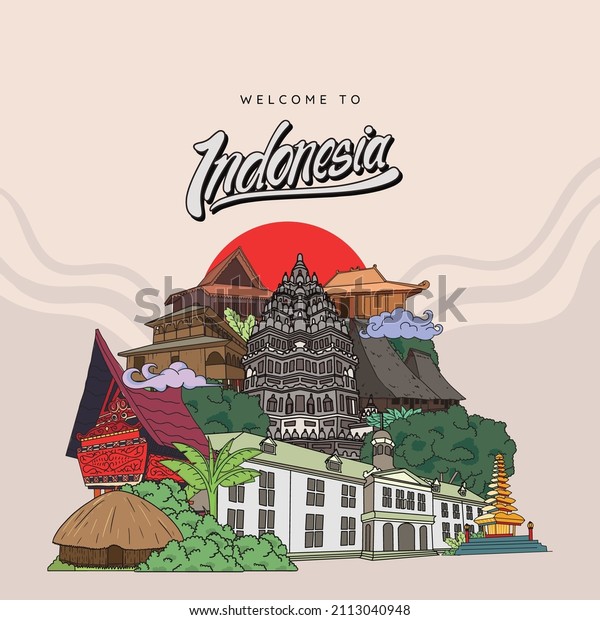 Indonesia Landmark. Hand drawn Indonesian\
cultures background