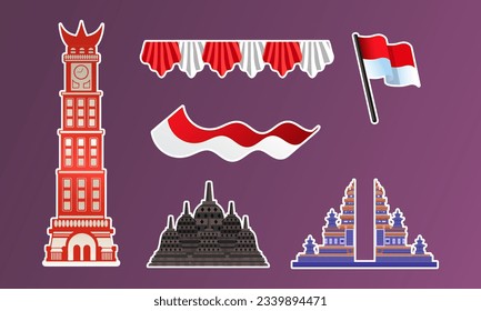 Indonesia landmark and indonesia red and white flag bundle set