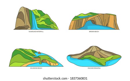 Indonesia landmarks or Bali travel icon set