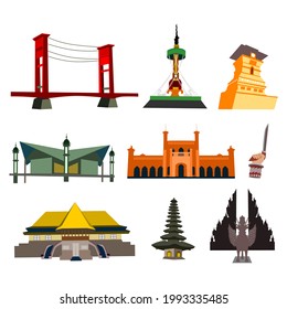 Indonesia landmarks icon set vector illustrations svg