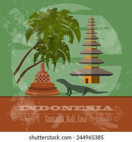 Indonesia landmarks. Retro styled image. Vector illustration