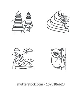 Indonesia linear icons set. Tropical country animals. Indonesian islands. Exploring exotic places. Thin line contour symbols. Isolated vector outline illustrations. Editable stroke. Perfect pixel