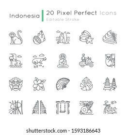 Indonesia linear icons set. Tropical country animals, plants. Indonesian islands. Exotic traditions. Thin line contour symbols. Isolated vector outline illustrations. Editable stroke. Perfect pixel