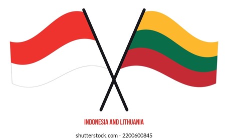 Banderas de Indonesia y Lituania cruzadas y ondeadas de estilo plano. Proporción oficial. Colores correctos.