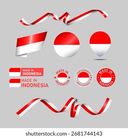 Indonesia made in logo. Set of design flags label icon, stripes, ribbons
