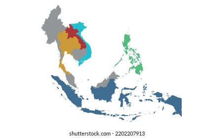 Mapa de Indonesia, Malasia, Tailandia y Laos aislados en el fondo blanco. Mapa del sudeste asiático. Ilustración del vector	