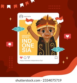 Indonesia man wearing traditional costume holding indonesian flag illustration