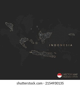 Indonesia map abstract geometric mesh polygonal light concept with black and white glowing contour lines countries and dots on dark background. Vector illustration