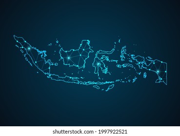 Indonesia map Abstract mash line and point scales on dark background. Wire Frame 3D mesh polygonal network line. Network line, design sphere, dot and structure vector