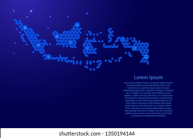Indonesia map abstract schematic from blue triangles repeating pattern geometric background with nodes and space stars for banner, poster, greeting card. Vector illustration.