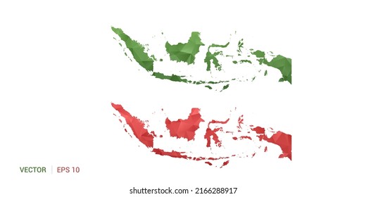 Indonesia map of abstract vector polygon set couple color green and red.
