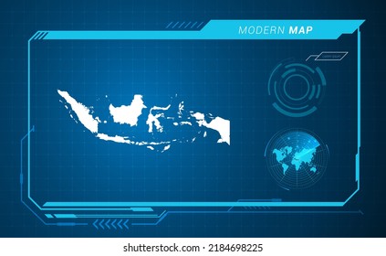 Indonesia map of blue digital frame HUD, GUI, UI interface technology radar vector.