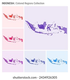 Indonesia map collection. Country shape with colored regions. Deep Purple, Red, Pink, Purple, Indigo, Blue color palettes. Border of Indonesia with provinces for your infographic. Vector illustration.