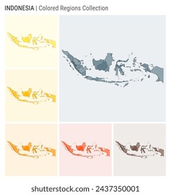 Indonesia map collection. Country shape with colored regions. Blue Grey, Yellow, Amber, Orange, Deep Orange, Brown color palettes. Border of Indonesia with provinces for your infographic.