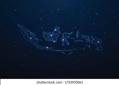 Indonesia Map Connection. Abstract Digital Technology 3D Mesh Polygonal Network Line, Design Sphere, Dot and Structure on Dark Background. Vector Illustration EPS10.
